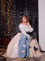 Khushnaz Ashdin Turner In Trellis Skirt With Denim Panel