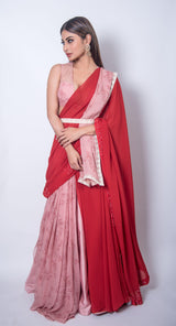 Mouni Roy In Brandy Rose And Scarlet Red Forget Me Not Lehenga Saree