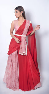 Mouni Roy In Brandy Rose And Scarlet Red Forget Me Not Lehenga Saree