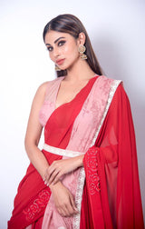 Mouni Roy In Brandy Rose And Scarlet Red Forget Me Not Lehenga Saree