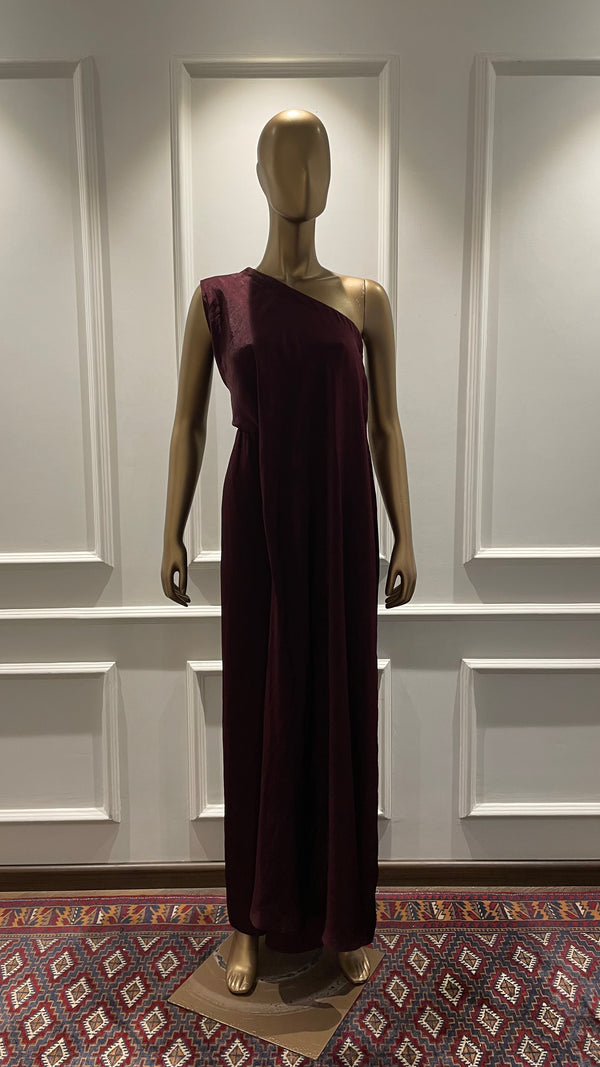 WINE ONE SHOULDER COWL DRESS
