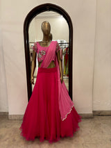 Fuschia pink lehenga+lvr blouse+drape dupatta