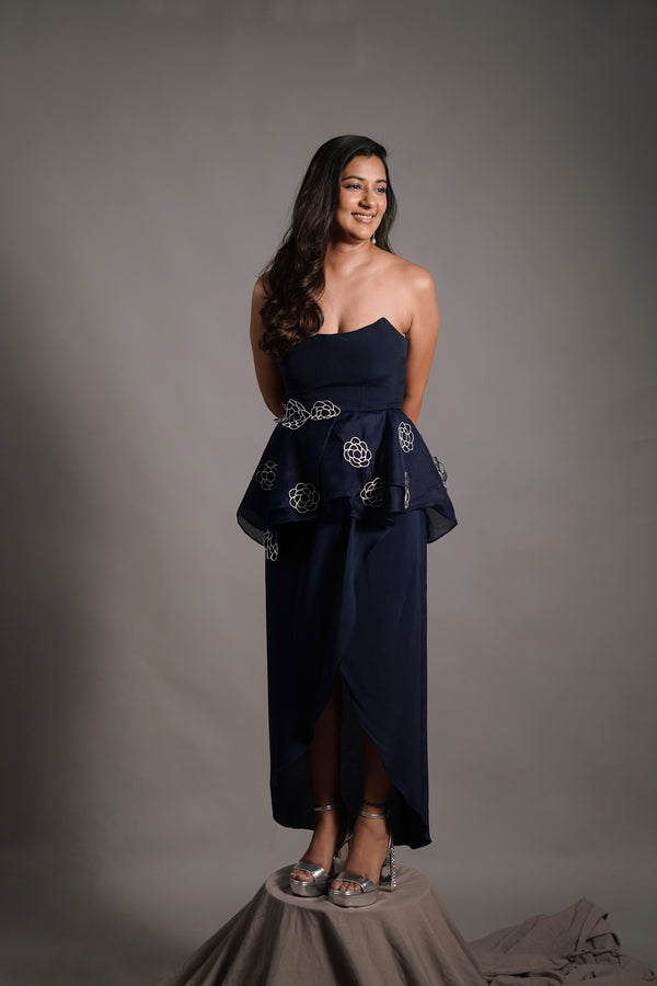 Navy Blue Drape Skirt with peplum