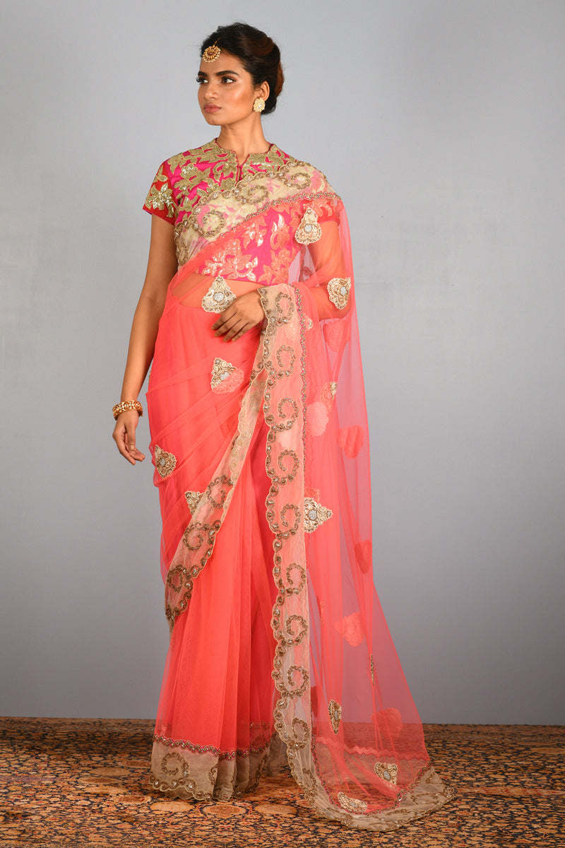 PINK NET KT SAREE WITH HEAVY KT BLOUSE (AS23)