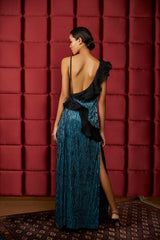 BLUE SEQUENCE DRESS WITH LITC RUFFLE