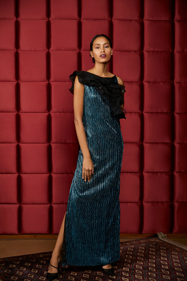 BLUE SEQUENCE DRESS WITH LITC RUFFLE